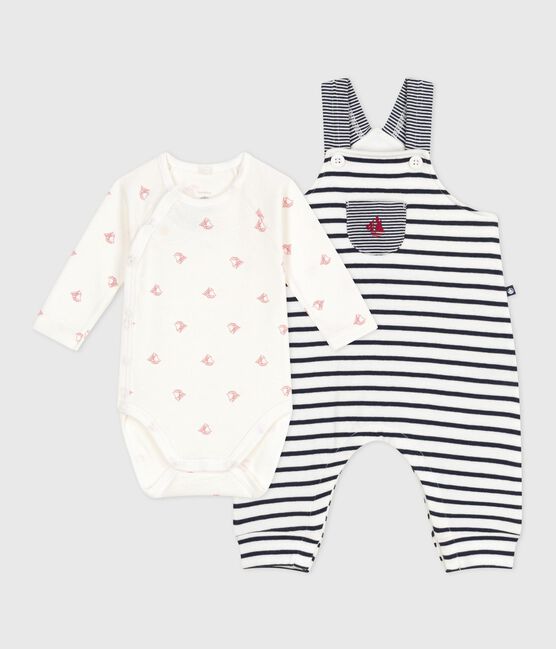 Set composto da salopette a righe marinière e body con stampa neonato bianco MARSHMALLOW/blu SMOKING