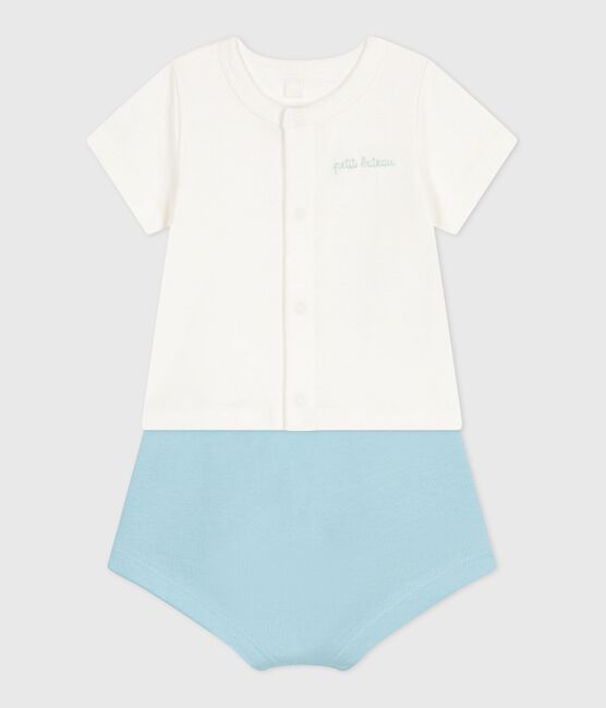 Completo nascita due pezzi in cotone con parte inferiore tinta unita blu MARSHMALLOW/ AQUATIC
