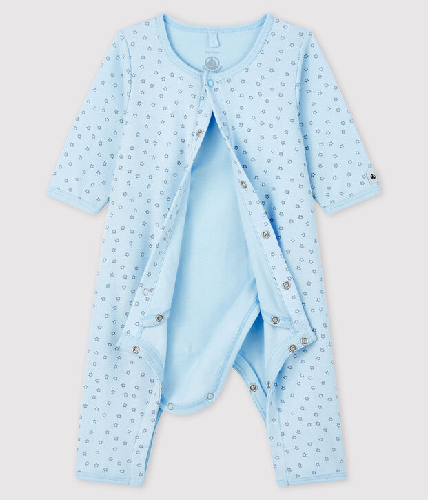 Bodyjama senza piedi da neonato blu a stelle a costine blu/grigio
