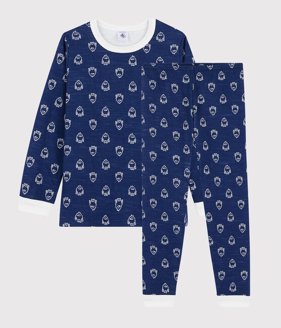Pigiama jacquard yeti in lana e cotone bambino blu MEDIEVAL/bianco MARSHMALLOW