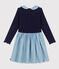 Abito a maniche lunghe bimateriale in cotone bambina blu SOIR