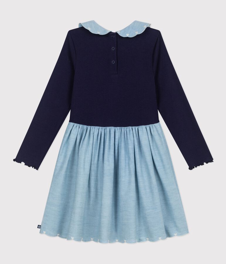 Abito a maniche lunghe bimateriale in cotone bambina blu SOIR