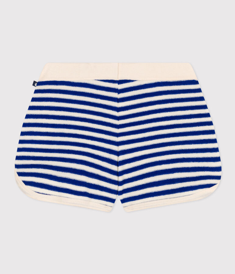 Shorts bambina in spugna bouclette a righe blu/ecru