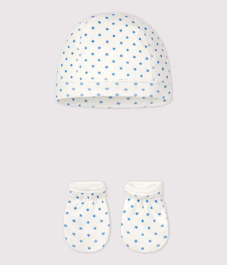 Confezione cuffietta e muffole a cuori in cotone multicolore