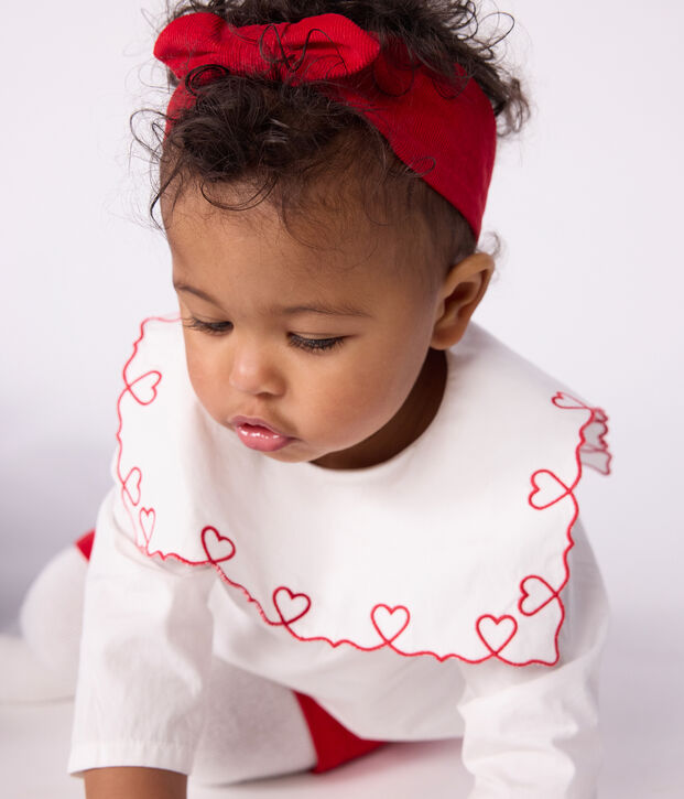 Blusa a maniche lunghe in popeline di cotone con ricamo a cuori neonata bianco