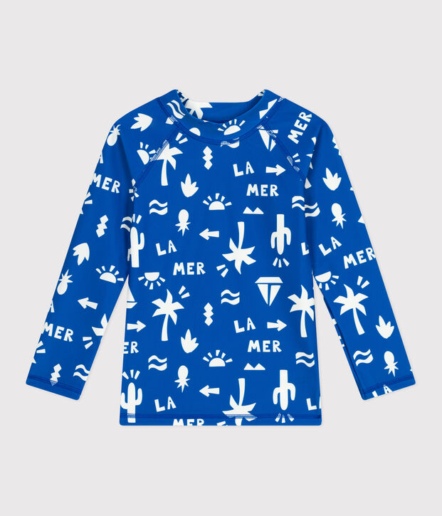 T-shirt da bagno anti-UV a maniche lunghe con stampa bambino blu/bianco
