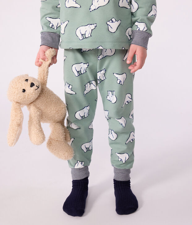 Pigiama bambino in tessuto felpato con orso stampato verde/multicolore