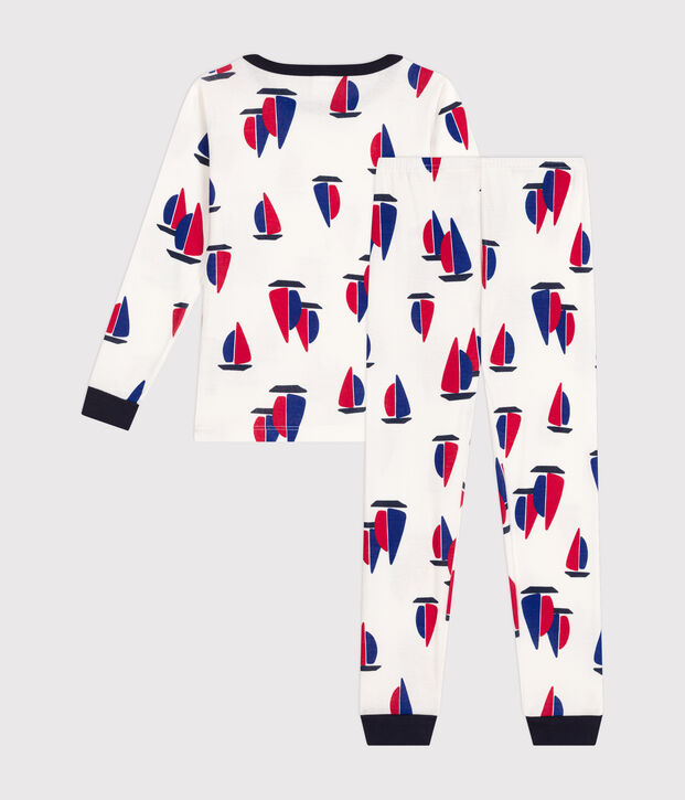 Pigiama aderente in cotone con barchette stampate bambino bianco/multicolore