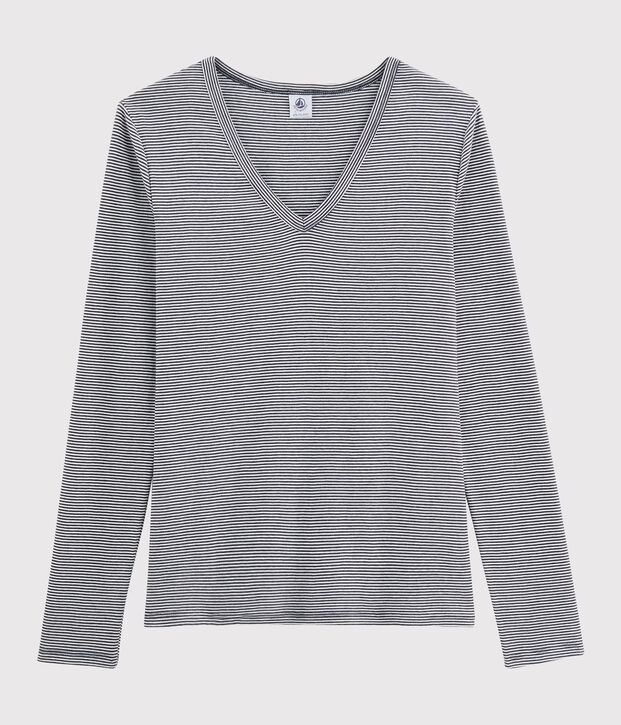 T-shirt scollo a V iconica in cotone a righe Donna blu/bianco