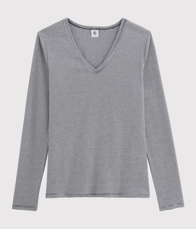 T-shirt scollo a V iconica in cotone a righe Donna blu/bianco