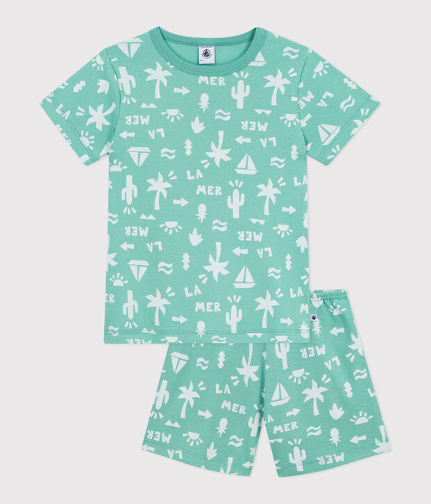 Pigiama corto in cotone con stampa bambino verde/bianco