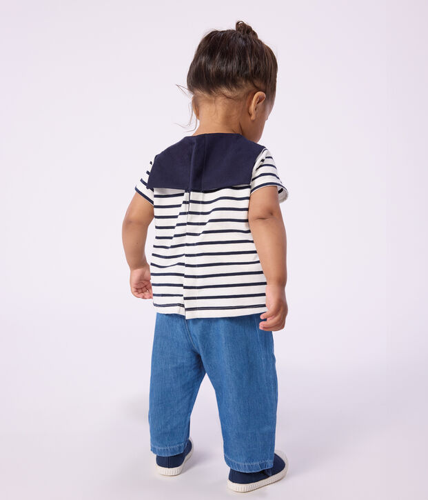 Blusa in cotone a righe marini&egrave;re con colletto ricamato neonata bianco/blu