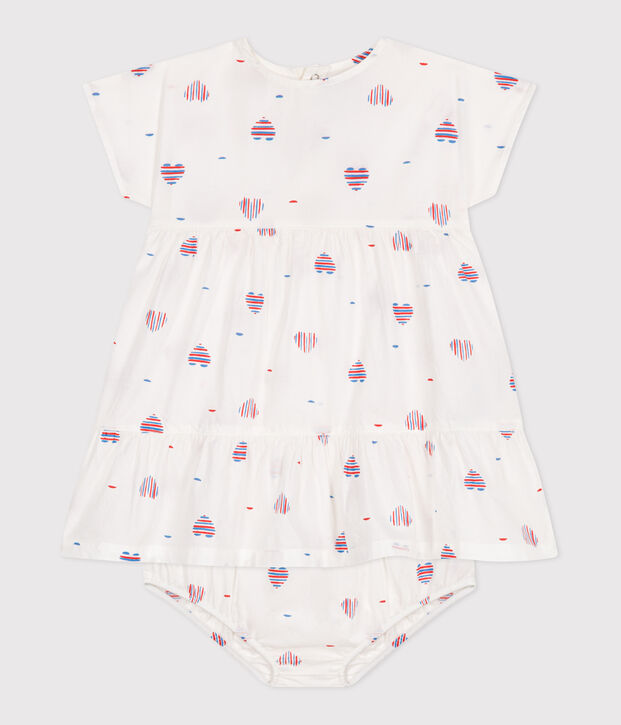 Abito neonata a maniche corte in cotone e bloomer con stampa a cuori ecru/multicolore