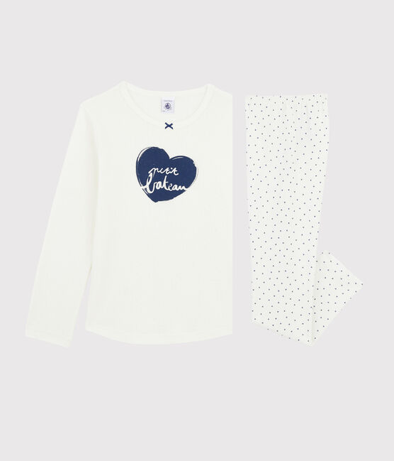 Pigiama cuoricini bambina a costine bianco MARSHMALLOW/blu MEDIEVAL