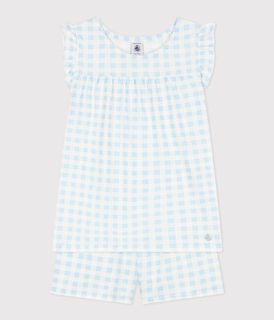 Pigiama corto bambina in cotone sottile fantasia vichy blu MARSHMALLOW/bianco GOMME