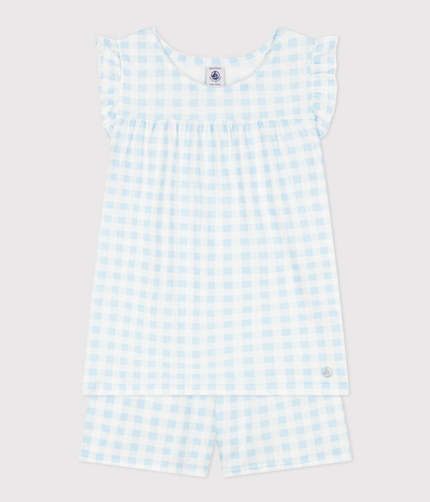 Pigiama corto bambina in cotone sottile fantasia vichy bianco/blu