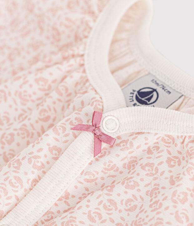 Tuta corta con stampa a fiori in cotone beb&egrave; bianco/rosa