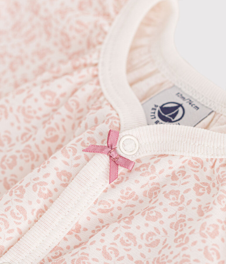 Tuta corta con stampa a fiori in cotone beb&egrave; bianco/rosa