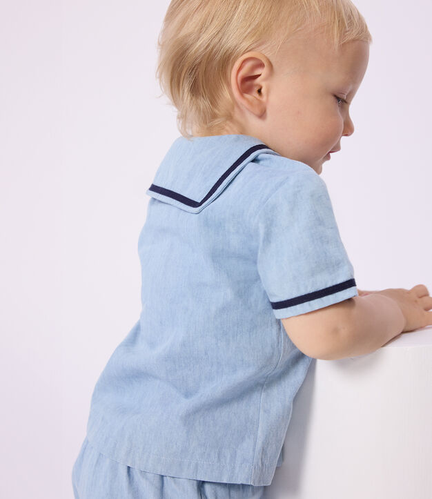 Completo neonato 2 pezzi in chambray con T-shirt con colletto alla marinara blu