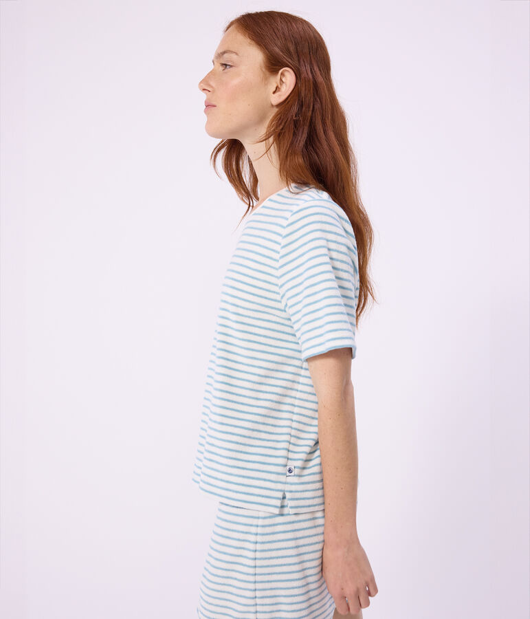 Pigiama corto in spugna di cotone a righe donna bianco/verde