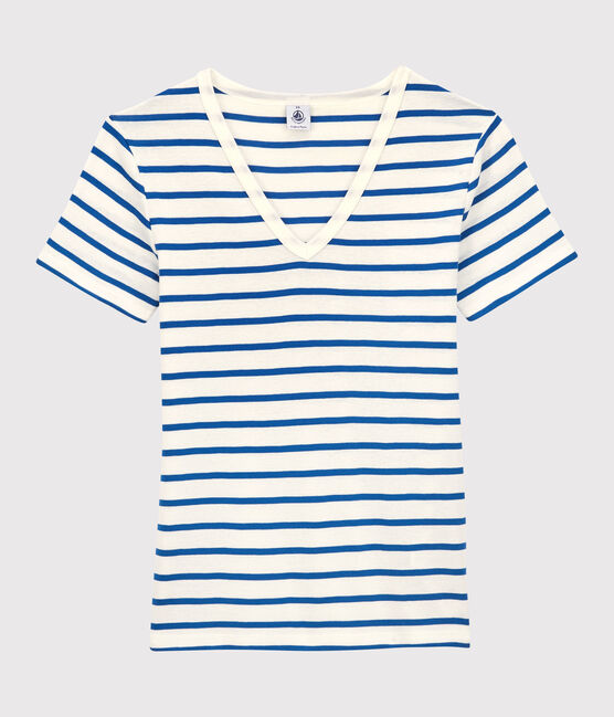 T-shirt L'ICONIQUE scollo a V in cotone bio donna bianco MARSHMALLOW/blu DELFT