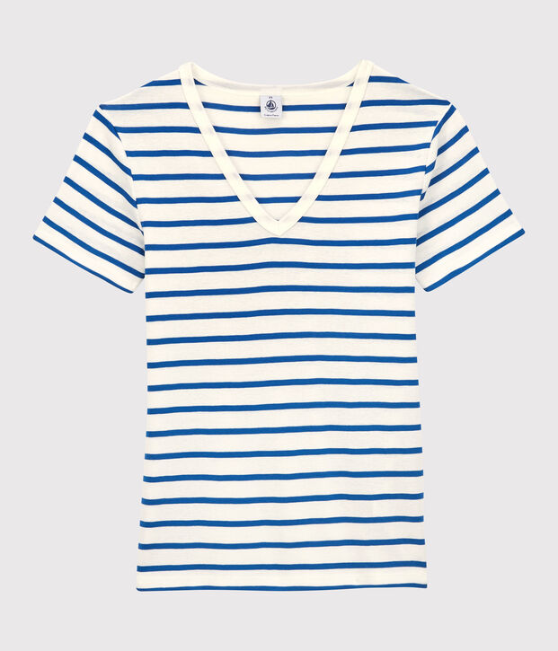 T-shirt L'ICONIQUE scollo a V in cotone bio donna bianco/blu