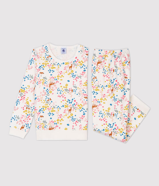 Pigiama bambina a fiori in molleton bianco MARSHMALLOW/bianco MULTICO