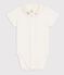 Body a maniche corte in cotone con dettagli ricamati neonato ecru/blu