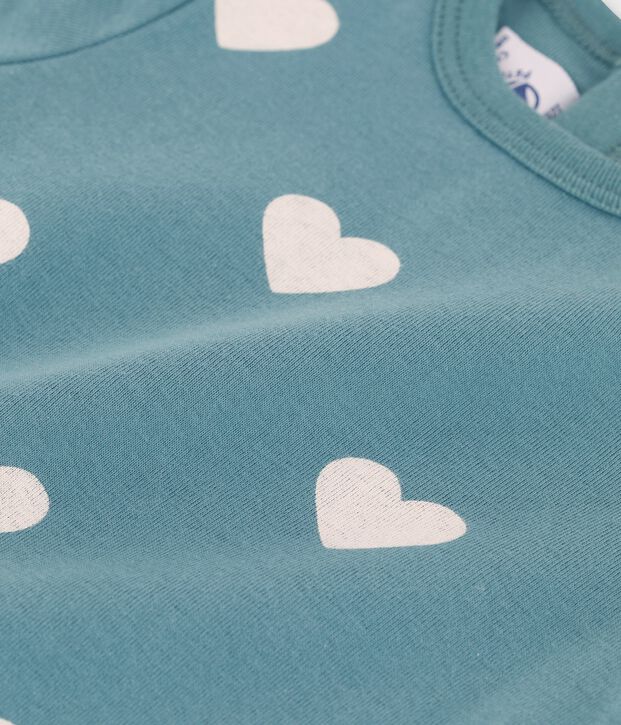 T-shirt beb&egrave; a maniche corte in cotone biologico con fantasia a cuori verde/ecru