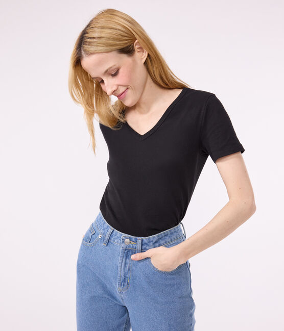 T-shirt Iconica a maniche corte a coste tinta unita donna nero BLACK
