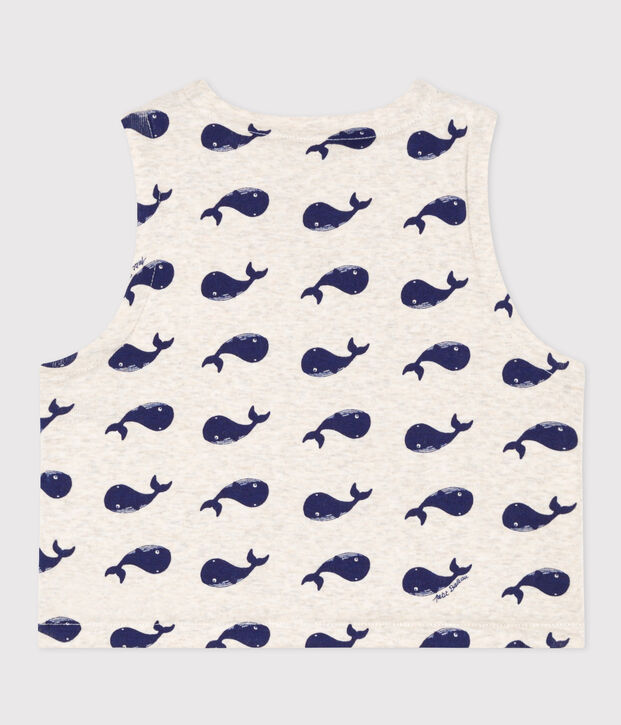 Gilet senza maniche beb&egrave; in cotone double face con motivo balene beige/blu