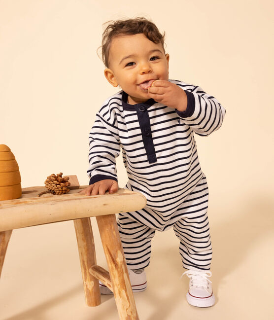 Tutina lunga in jersey spesso a righe stile marinière per bebè bianco MARSHMALLOW/blu SMOKING