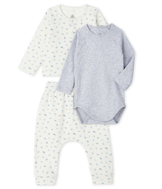 Completo 3 pezzi bebè unisex in tubique bianco MARSHMALLOW/blu TOUDOU/ MULTICO