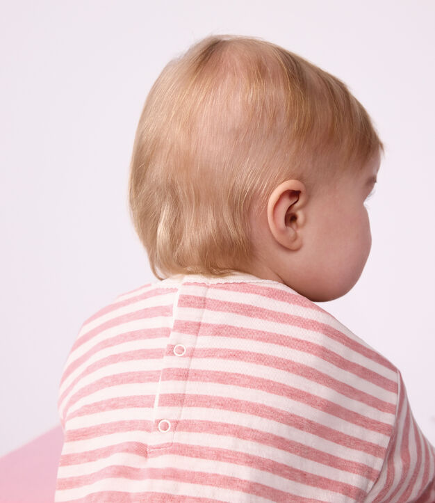 T-shirt a maniche lunghe in cotone a righe neonato. rosa/ecru