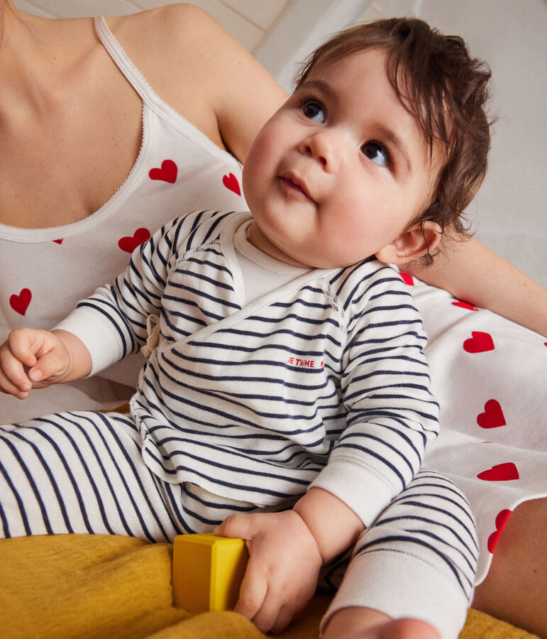 Completo con 3 pezzi a righe in cotone per beb&egrave; bianco/blu