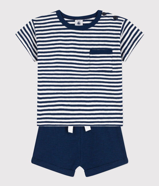 Completo bebè in jersey fiammato e cotone blu MEDIEVAL/bianco MARSHMALLOW