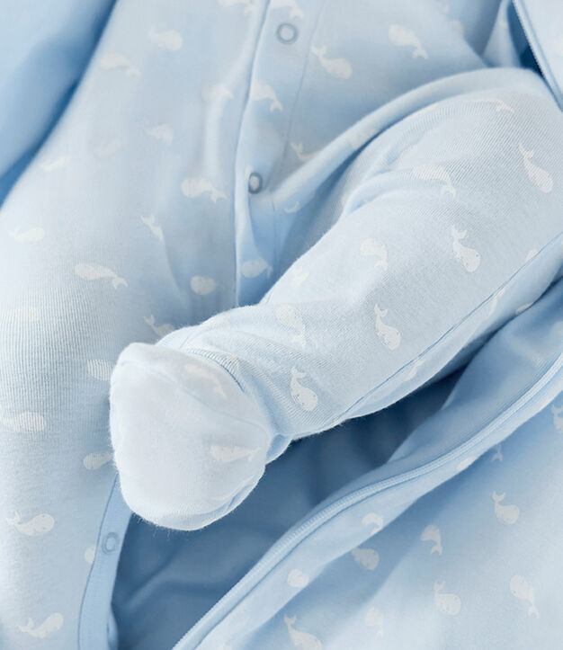Pigiama neonato in cotone con colletto stampato con balena blu/bianco