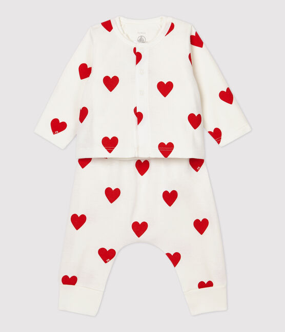Completo 3 pezzi a cuori rossi bebè in cotone biologico bianco MARSHMALLOW/rosso TERKUIT