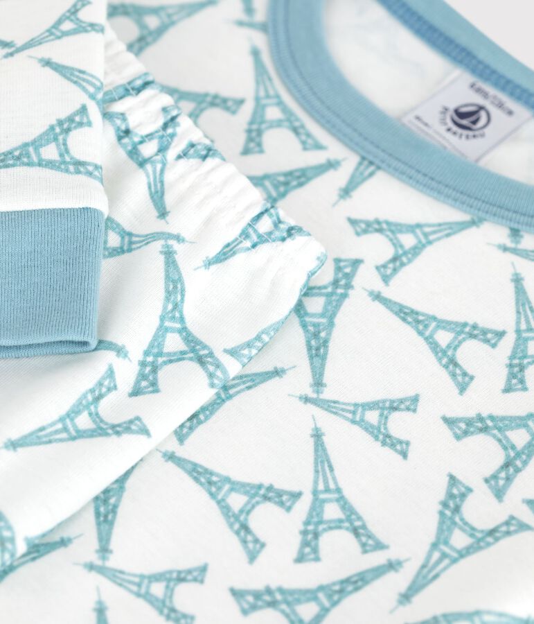 Pigiama molto aderente in cotone con stampa Tour Eiffel bambina bianco/verde/multicolore
