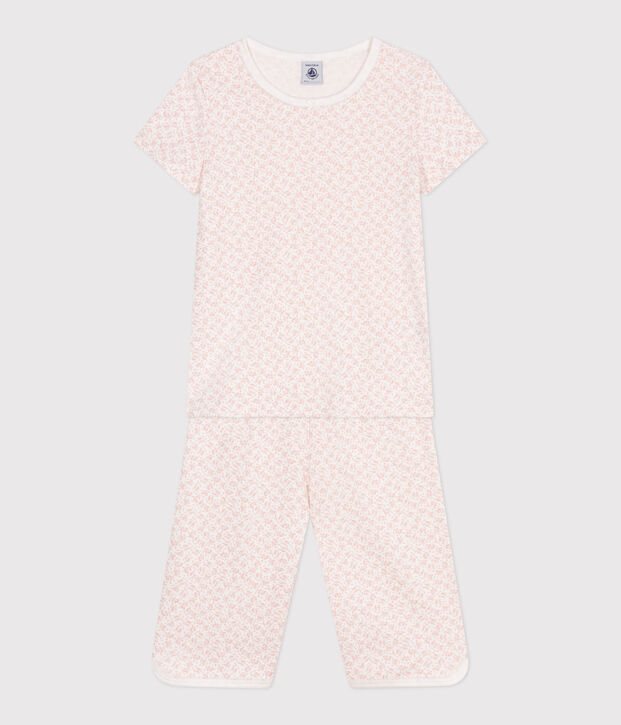 Pigiama capri in cotone con stampa a fiori bambina bianco/rosa