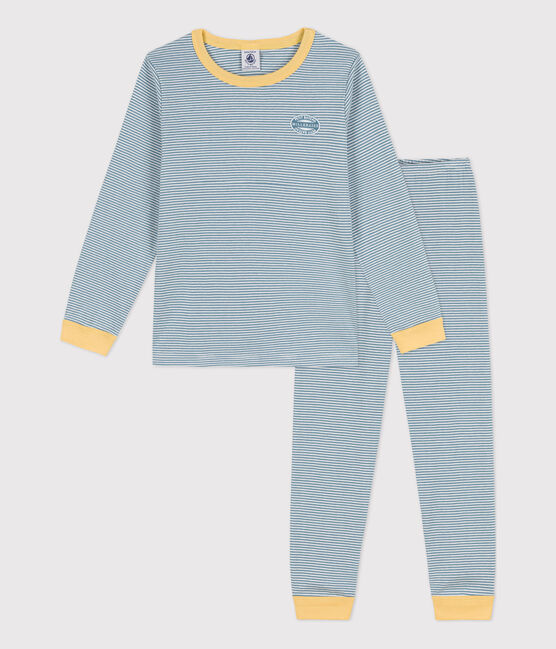 Pigiama millerighe unisex in cotone blu ROVER/bianco MARSHMALLOW