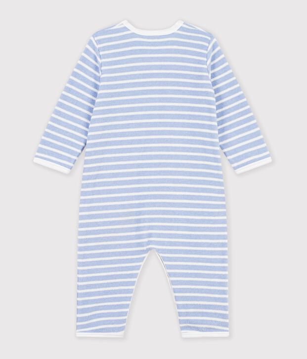 Pigiama senza piedini in spugna di cotone a righe neonato blu/ecru