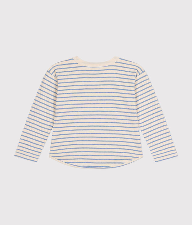 T-shirt a maniche lunghe in tubique bambino ecru/blu