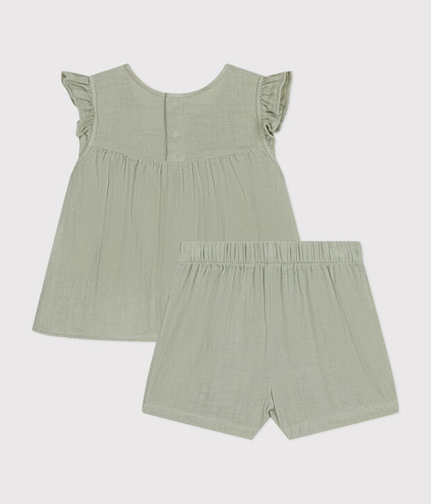 Completo blusa e shorts beb&egrave; in garza di cotone verde