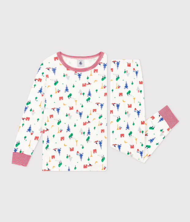 Pigiama bambino fantasia Parigi in cotone bianco/blu/multicolore