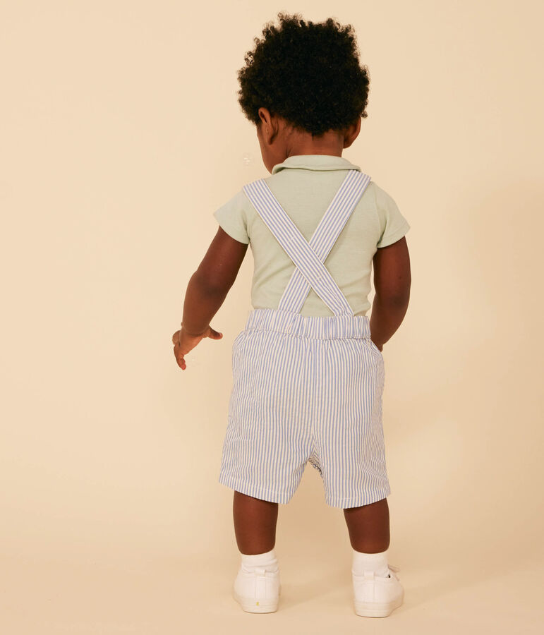 Salopette corta beb&egrave; in seersucker blu/bianco