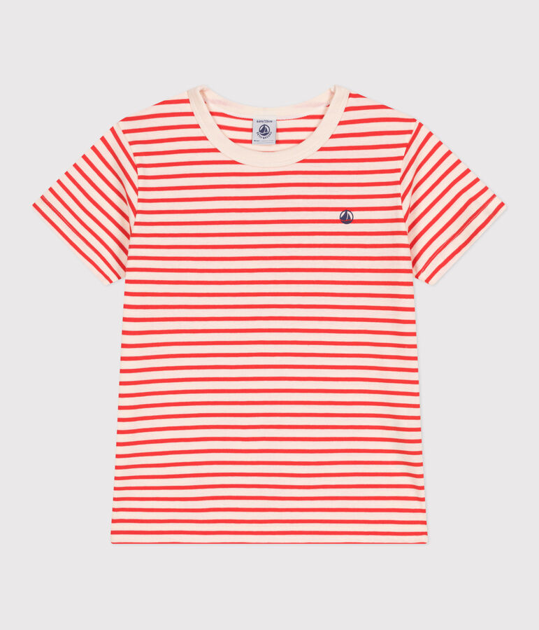 T-shirt a maniche corte in cotone a righe bambino ecru/rosso