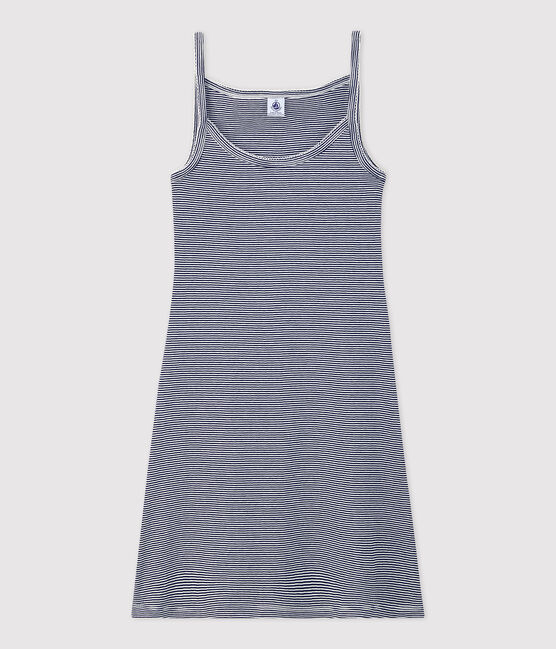 Abito con spalline in cotone donna blu SMOKING/bianco MARSHMALLOW