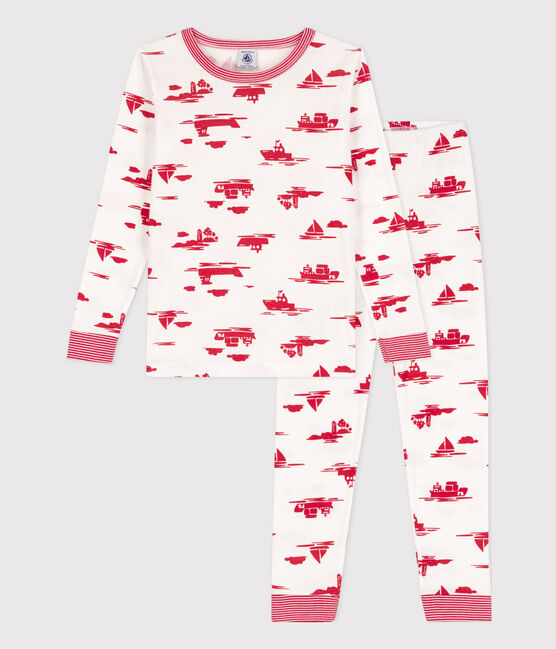Pigiama bambino unisex in cotone aderente bianco MARSHMALLOW/rosso PEPS