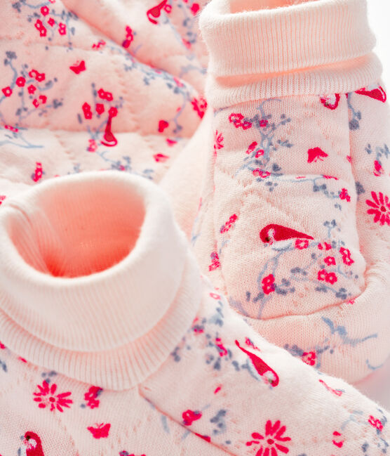 Confezione cuffietta e babbucce bebè in tubique rosa FLEUR/bianco MULTICO